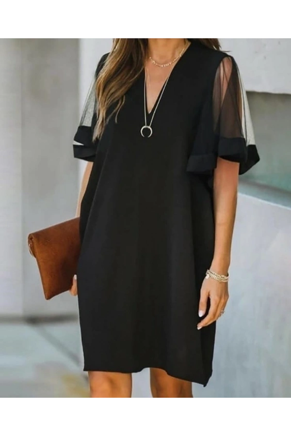 Bidebuvar Kadın Tüllü Kısa Kollu V Yaka Krep Elbise