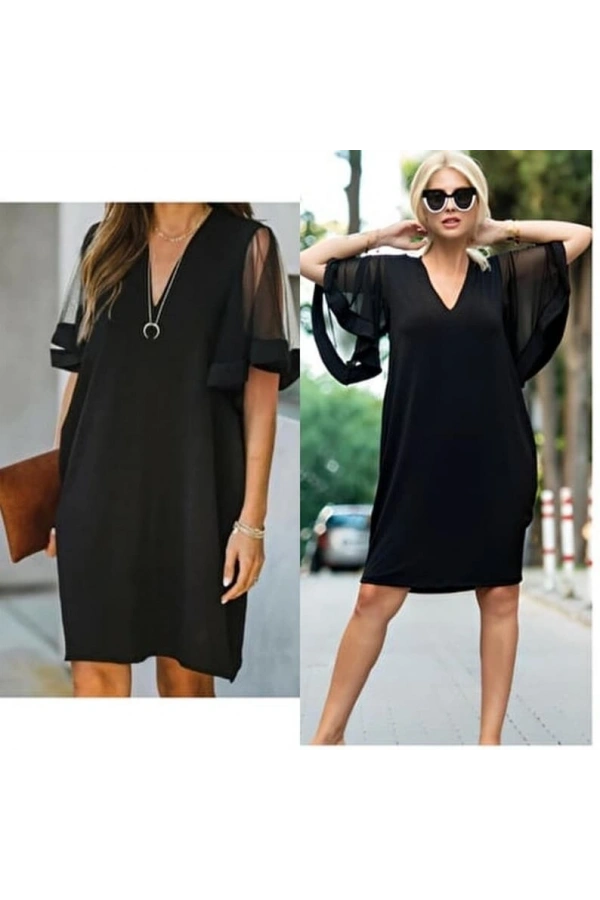 Bidebuvar Kadın Tüllü Kısa Kollu V Yaka Krep Elbise