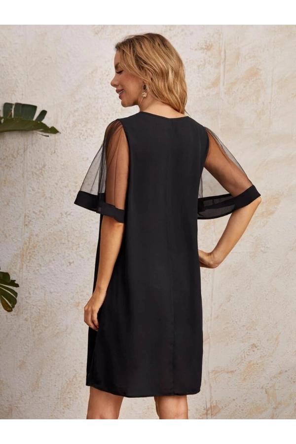 Bidebuvar Kadın Tüllü Kısa Kollu V Yaka Krep Elbise