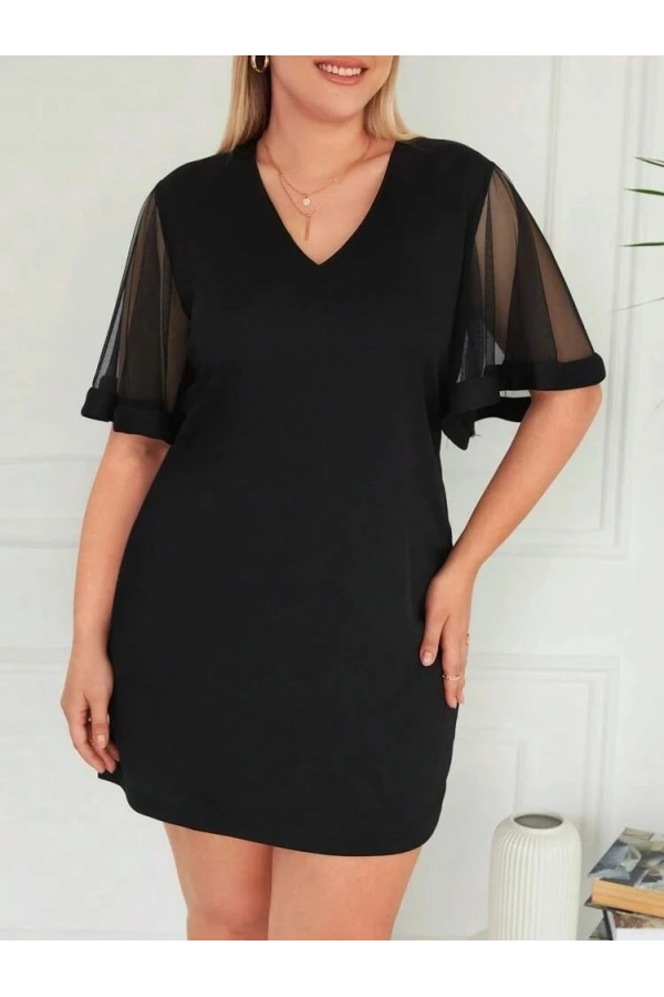 Bidebuvar Kadın Tüllü Kısa Kollu V Yaka Krep Elbise