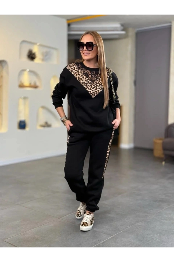Bidebuvar Kadın üç Iplik Kumaş Leopar Desenli Dantel Detaylı Ikili Takım