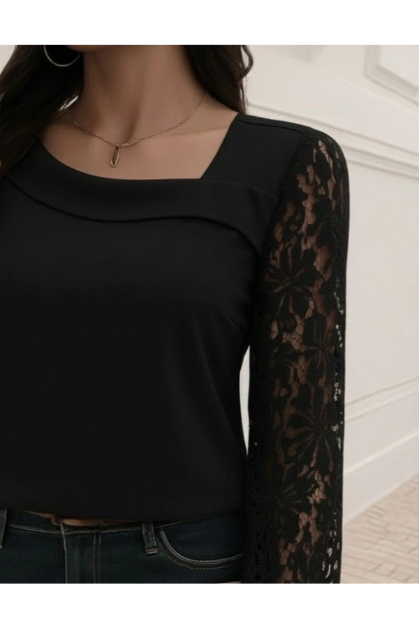 Bidebuvar Kadın Uzun Kollu Asimetrik Yakalı Dantelli Ithal Krep Bluz