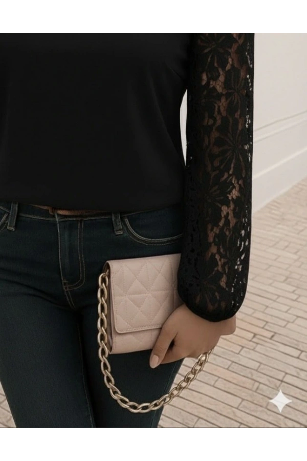 Bidebuvar Kadın Uzun Kollu Asimetrik Yakalı Dantelli Ithal Krep Bluz