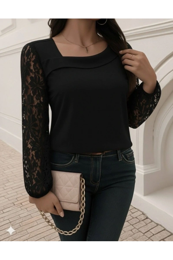 Bidebuvar Kadın Uzun Kollu Asimetrik Yakalı Dantelli Ithal Krep Bluz