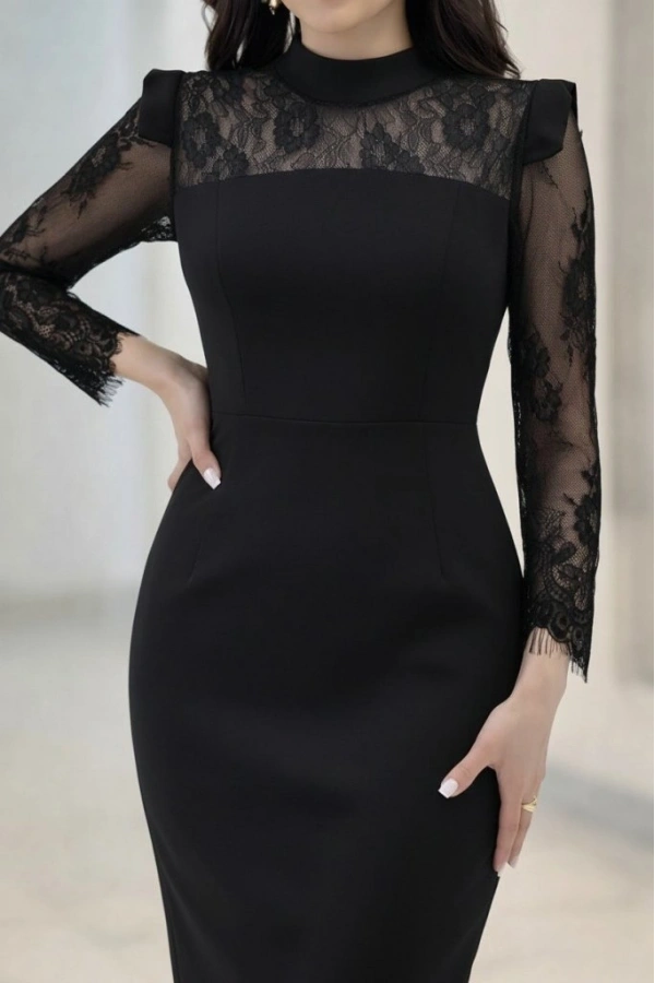 Bidebuvar Kadın Uzun Kollu Balıkçı Yaka Dantel Detaylı Midi Ithal Krep Elbise