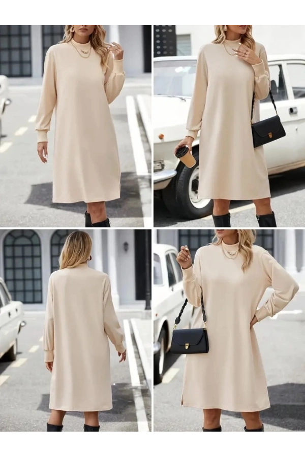 Bidebuvar Kadın Uzun Kollu Balıkçı Yaka Kısa şardonlu Dalgıç Elbise