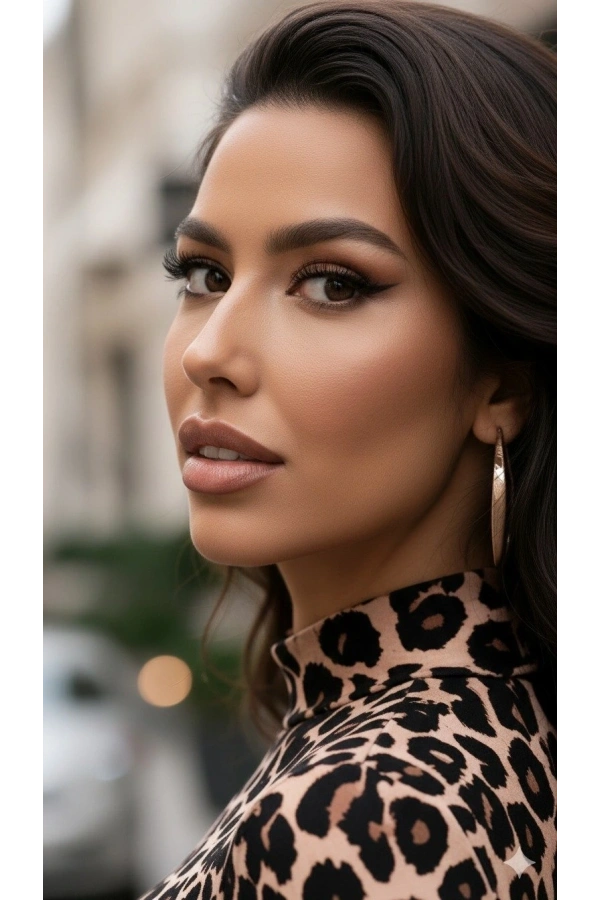 Bidebuvar Kadın Uzun Kollu Balıkçı Yaka Leopar Desenli Midi Boy Elbise