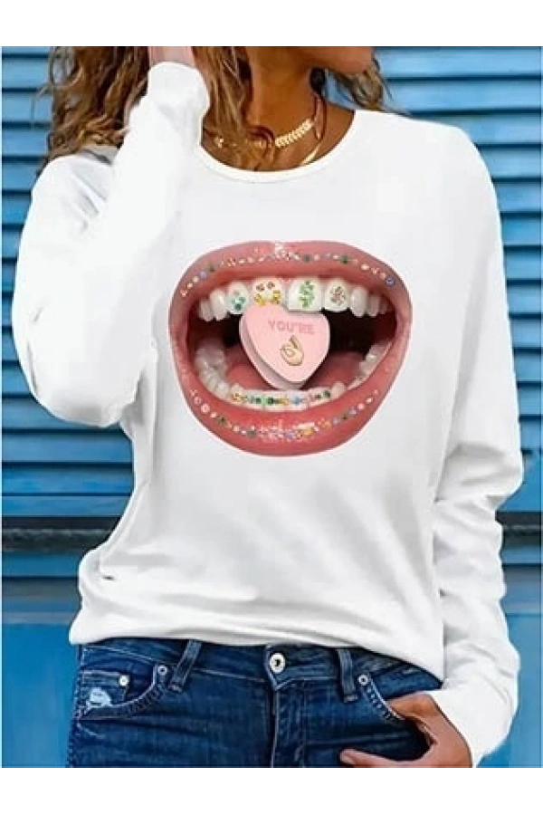 Bidebuvar Kadın Uzun Kollu Bisiklet Yaka Baskılı Viskon Bluz