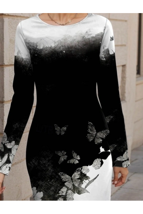 Bidebuvar Kadın Uzun Kollu Bisiklet Yaka çiçek Desenli Kısa şardonlu Dalgıç Elbise