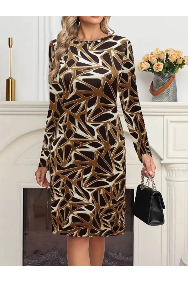 Bidebuvar Kadın Uzun Kollu Bisiklet Yaka Desenli Dalgıç Kısa Elbise