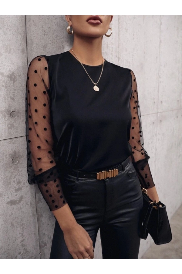 Bidebuvar Kadın Uzun Kollu Bisiklet Yaka Kollar Puantiyeli Tül Detaylı Sandy Bluz