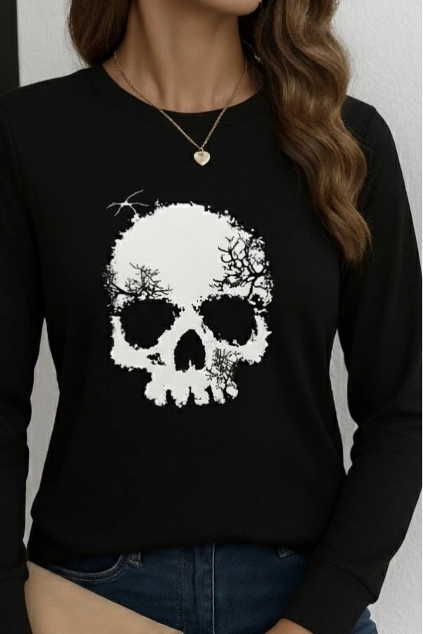 Bidebuvar Kadın Uzun Kollu Bisiklet Yaka Kurukafa Desenli Viskon Bluz