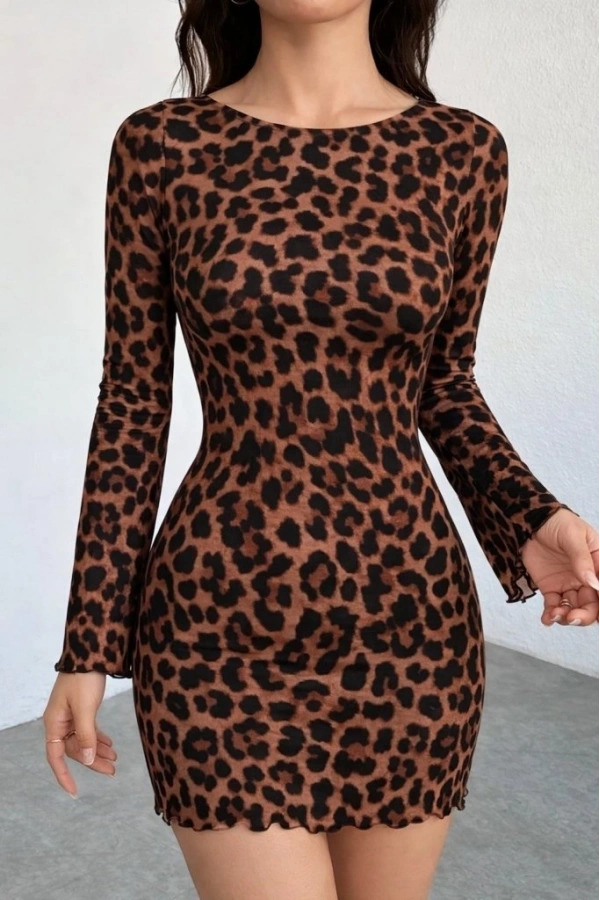 Bidebuvar Kadın Uzun Kollu Bisiklet Yaka Leopar Desenli Dalgıç Mini Elbise