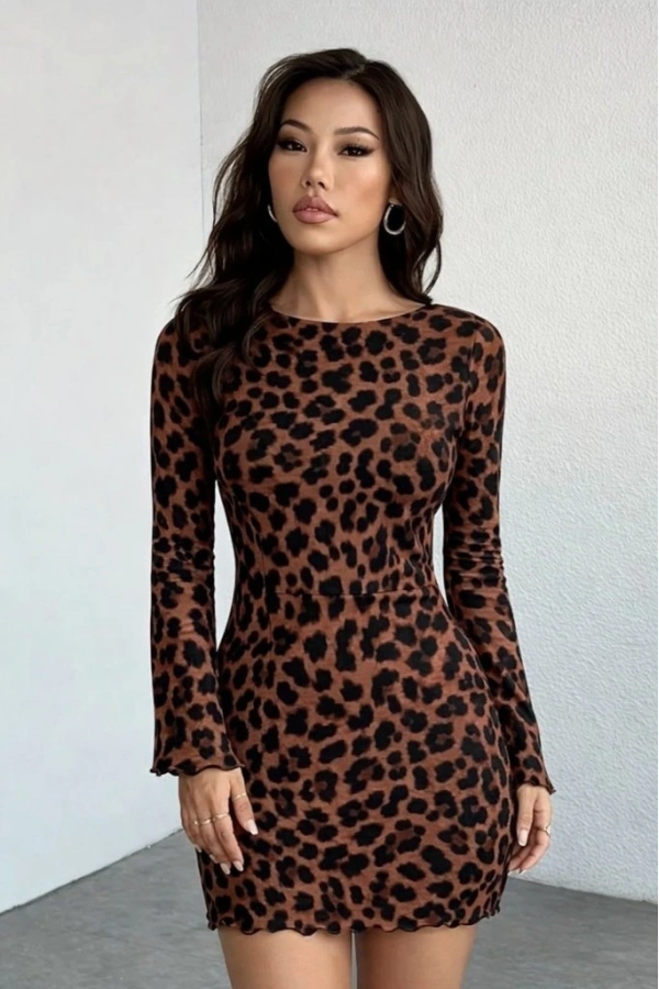 Bidebuvar Kadın Uzun Kollu Bisiklet Yaka Leopar Desenli Dalgıç Mini Elbise