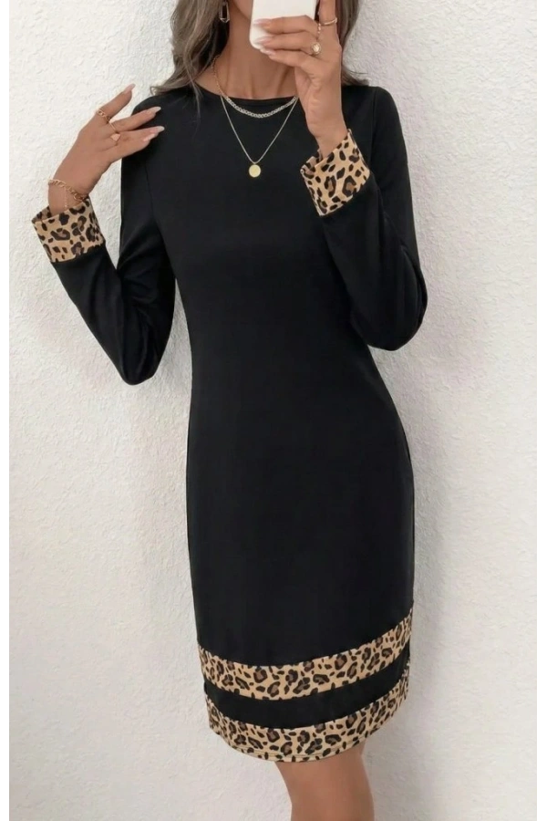 Bidebuvar Kadın Uzun Kollu Bisiklet Yaka Mini Ithal Krep Elbise