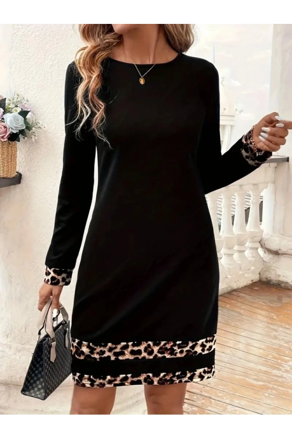 Bidebuvar Kadın Uzun Kollu Bisiklet Yaka şerit Leopar Desenli Kısa Dalgıç Elbise
