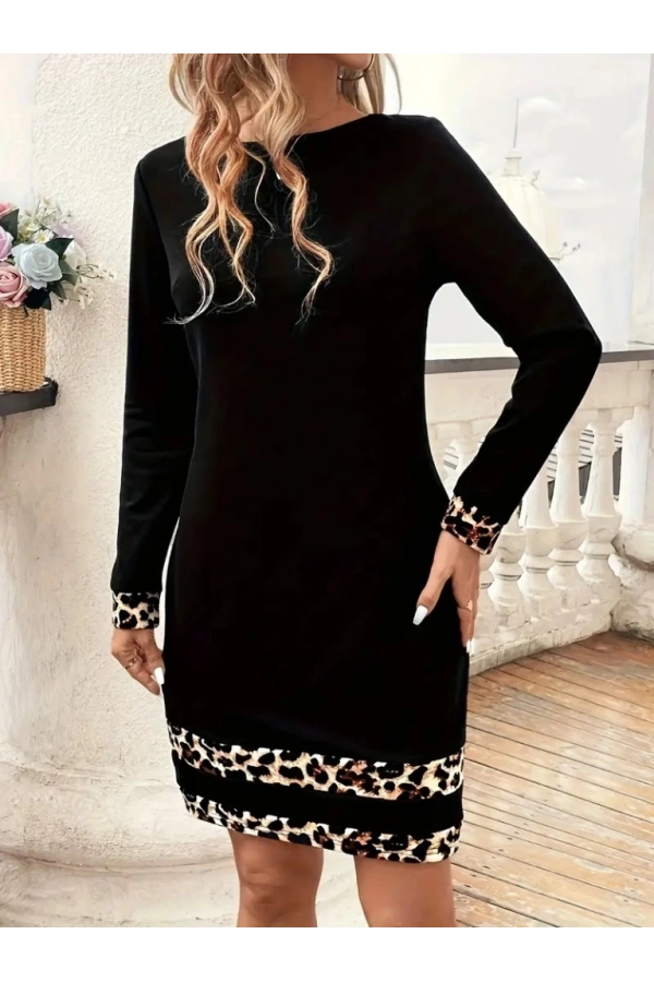 Bidebuvar Kadın Uzun Kollu Bisiklet Yaka şerit Leopar Desenli Kısa Dalgıç Elbise