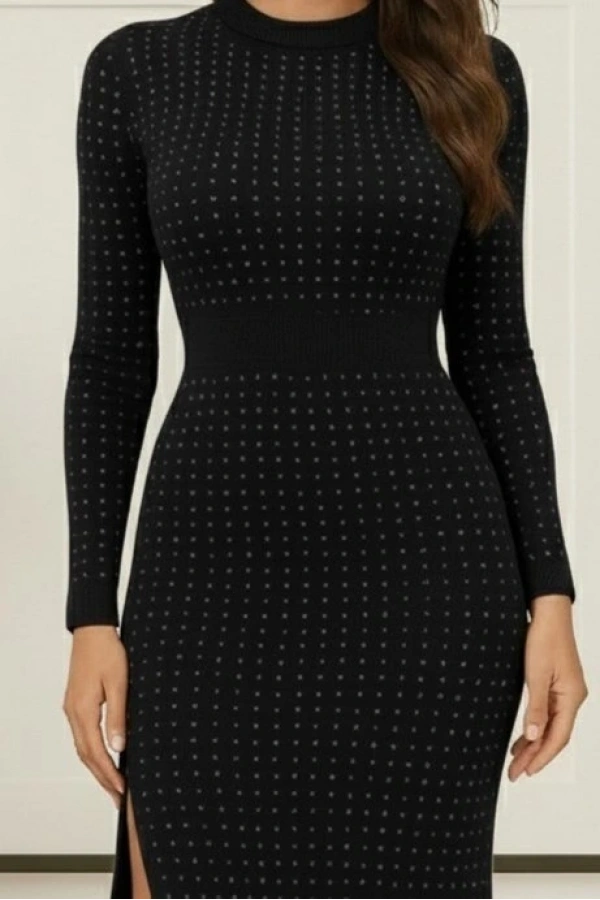 Bidebuvar Kadın Uzun Kollu Bisiklet Yaka Taşlı Midi Kadife Elbise