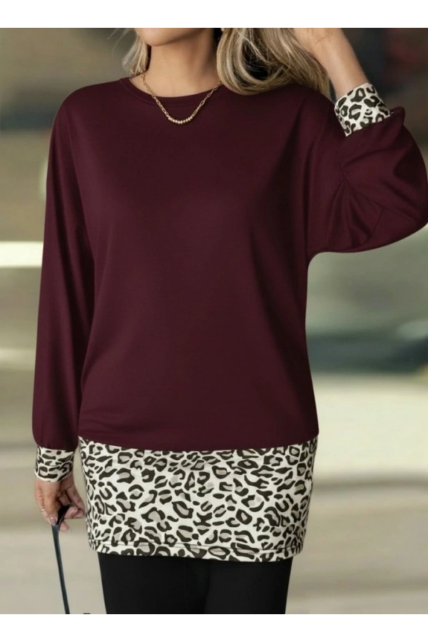 Bidebuvar Kadın Uzun Kollu Bisiklet Yaka üst Viskon Iki Iplik Alt Leopar Desenli Mini Elbise