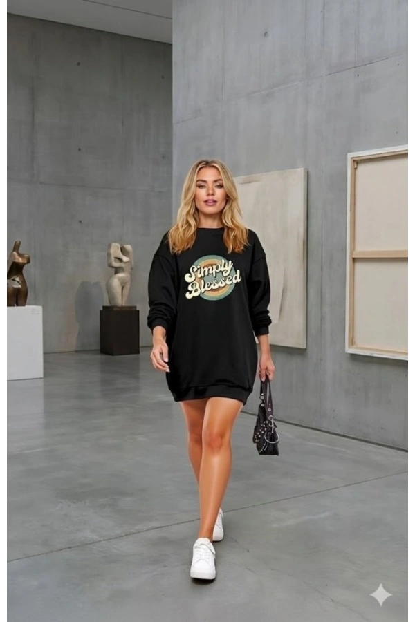 Bidebuvar Kadın Uzun Kollu Bisiklet Yaka Yazılı Viskon Iki Iplik Elbise