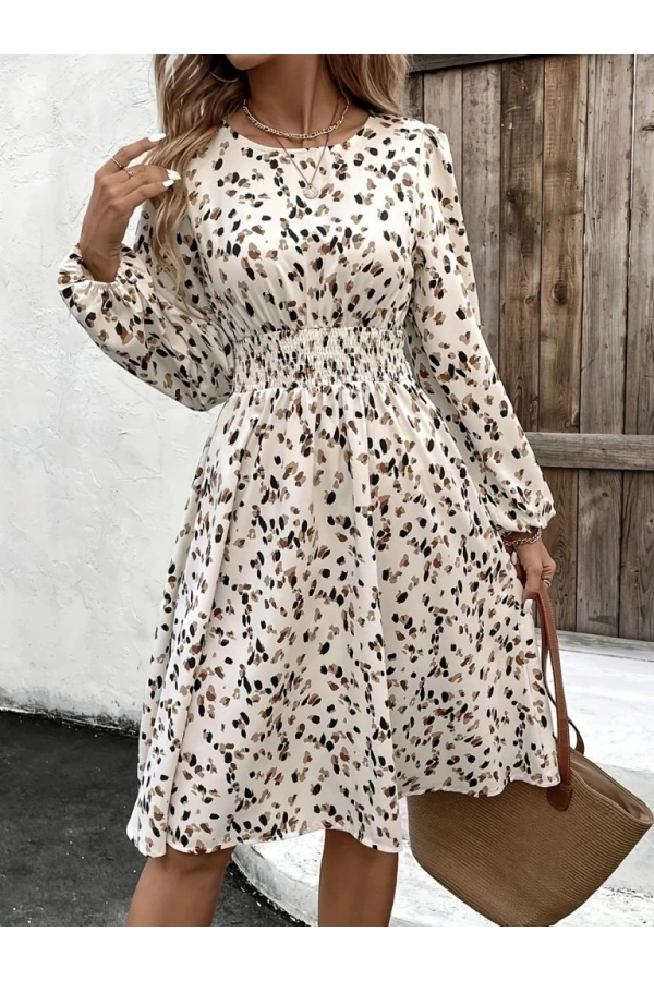 Bidebuvar Kadın Uzun Kollu Bot Yaka Beli Lastikli Midi Süprem Elbise