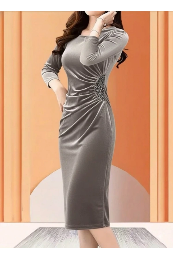 Bidebuvar Kadın Uzun Kollu Bot Yaka Yanı Taş Detaylı Midi Kadife Elbise