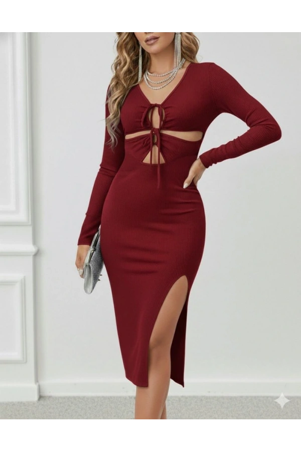 Bidebuvar Kadın Uzun Kollu Göğüs Ve Göbek Dekolte Detay Sandy Midi Boy Elbise
