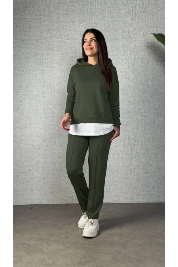 Bidebuvar Kadın Uzun Kollu Kapşonlu Bağcıklı Viskon Iki Iplik Bluz Ve Pantolon Ikili Takım