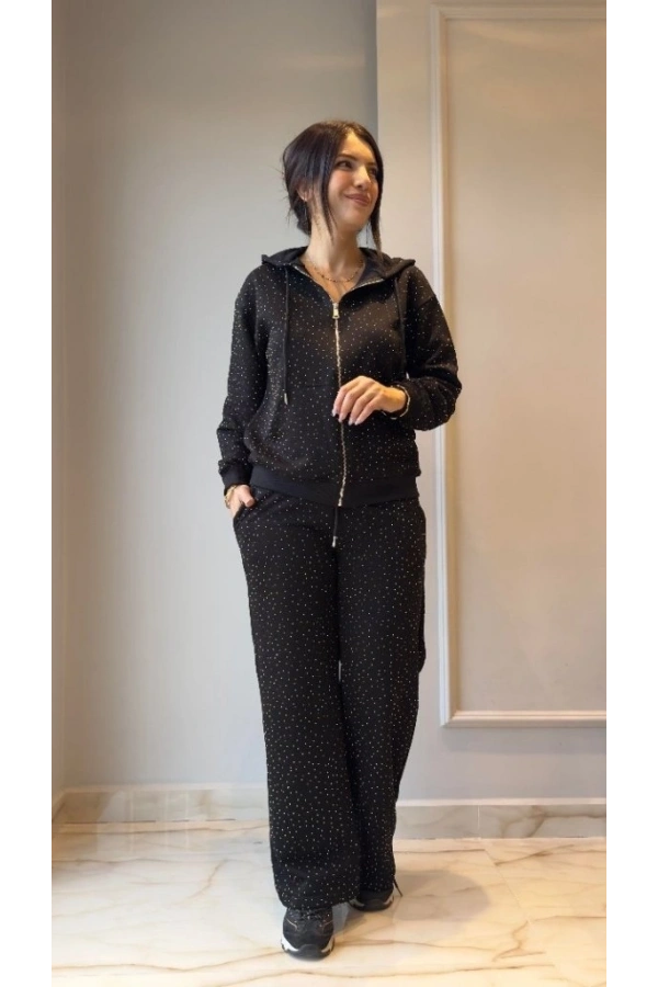 Bidebuvar Kadın Uzun Kollu Kapşonlu Fermuarlı Taşlı önü Fermuarlı Viskon Iki Iplik Bluz Ve Eşofman Altı Ikili Takım