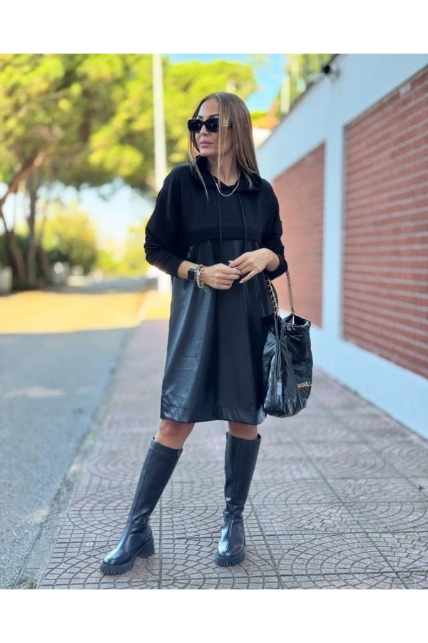 Bidebuvar Kadın Uzun Kollu Kapüşon Ve Deri Detay Diz üstü Elbise