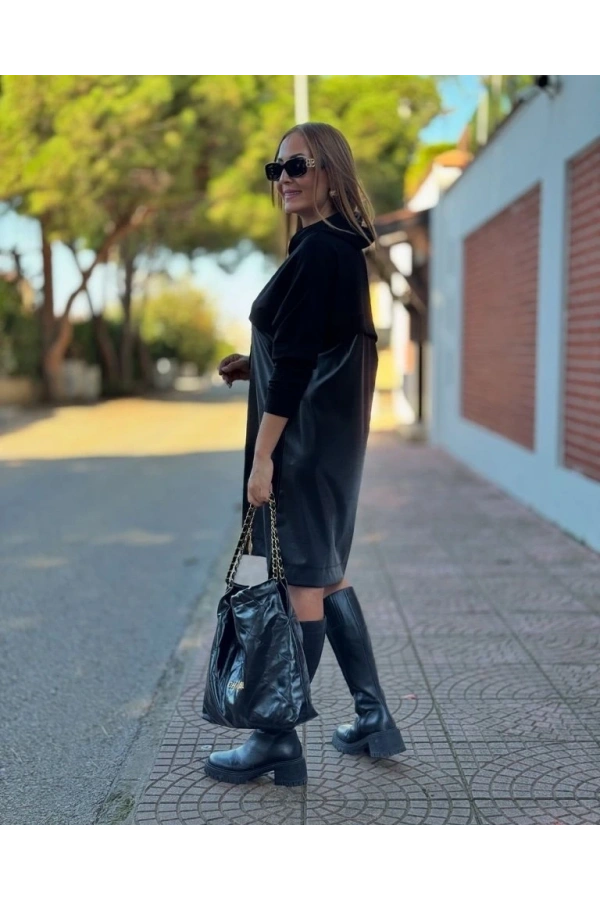 Bidebuvar Kadın Uzun Kollu Kapüşon Ve Deri Detay Diz üstü Elbise