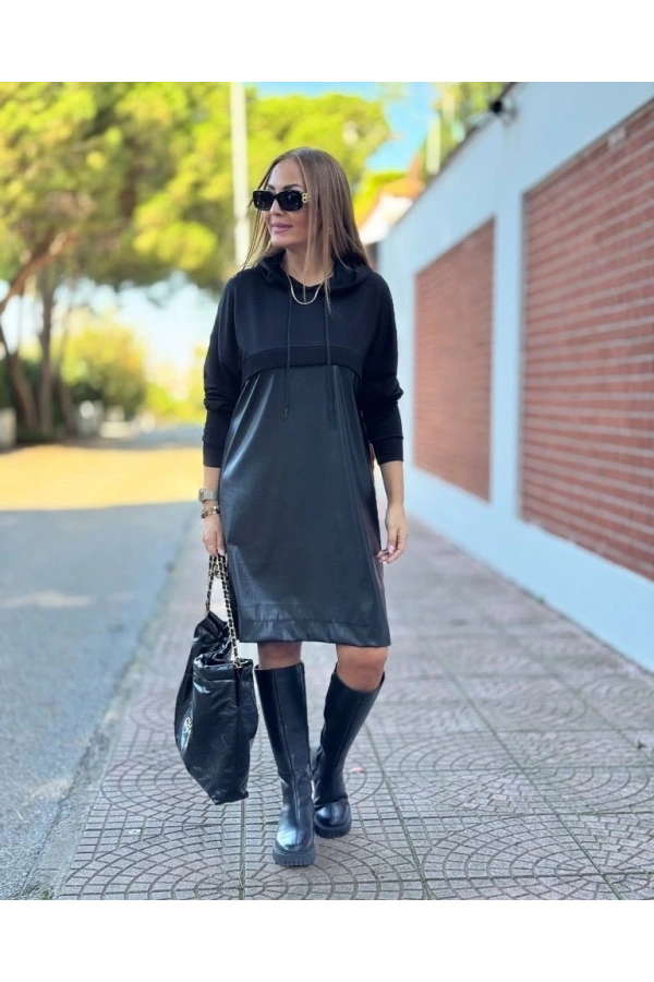 Bidebuvar Kadın Uzun Kollu Kapüşon Ve Deri Detay Diz üstü Elbise