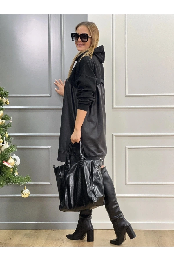 Bidebuvar Kadın Uzun Kollu Kapüşon Ve Deri Detay Diz üstü Elbise