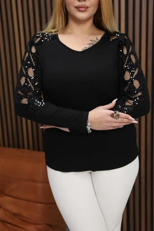 Bidebuvar Kadın Uzun Kollu Kolları Lazer Kesim Pul Payet Detay Bluz