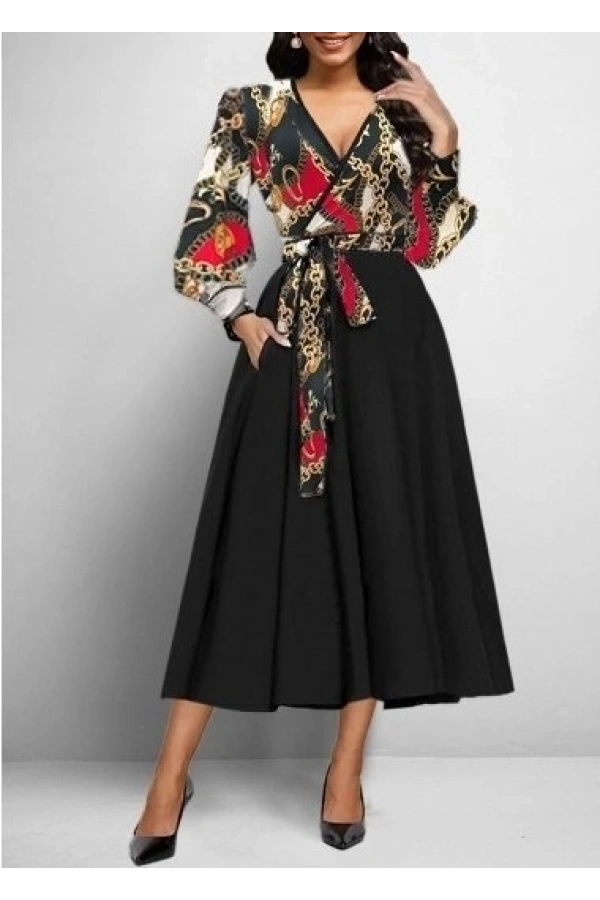 Bidebuvar Kadın Uzun Kollu Kruvaze Yaka Dalgıç Krep Midi Boy Elbise