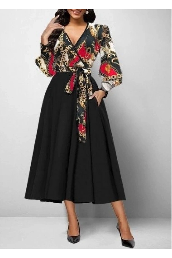 Bidebuvar Kadın Uzun Kollu Kruvaze Yaka Dalgıç Krep Midi Boy Elbise