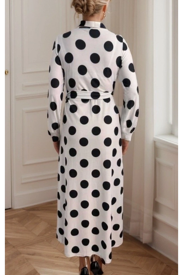 Bidebuvar Kadın Uzun Kollu Kruvaze Yaka Yandan Bağlamalı Krep Tam Boy Elbise