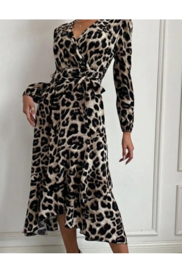 Bidebuvar Kadın Uzun Kollu Kruvaze Yaka Yandan Bağlamalı önden Fırfır Detaylı Süprem Uzun Elbise