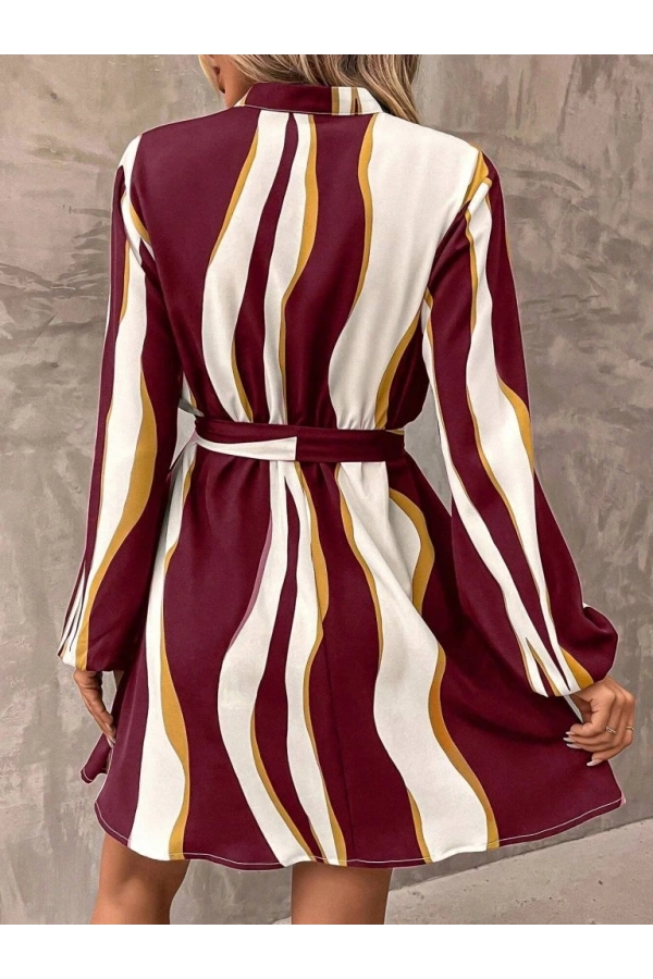 Bidebuvar Kadın Uzun Kollu Kruvaze Yakalı Desenli Modal Mini Elbise