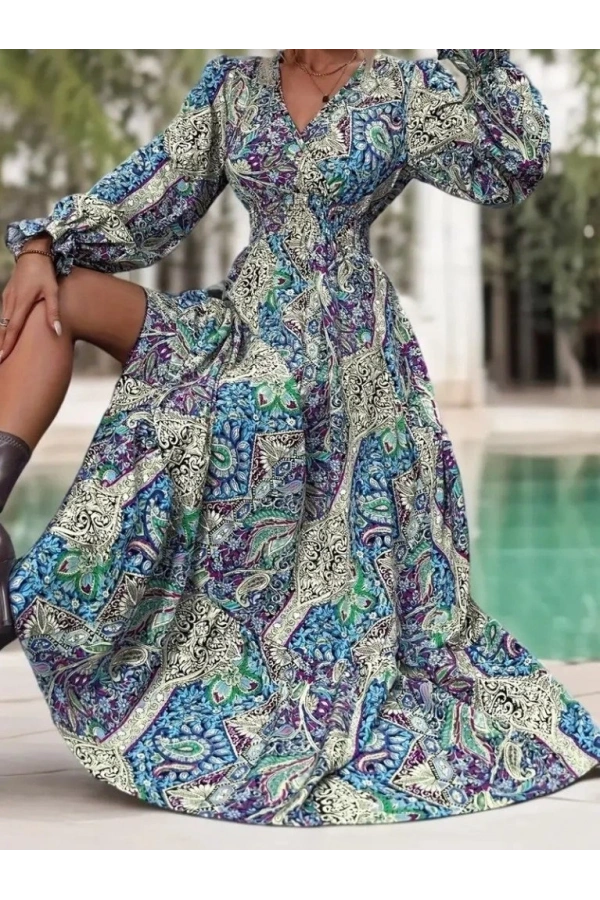 Bidebuvar Kadın Uzun Kollu Kruvaze Yakalı Desenli Süprem Maxi Elbise