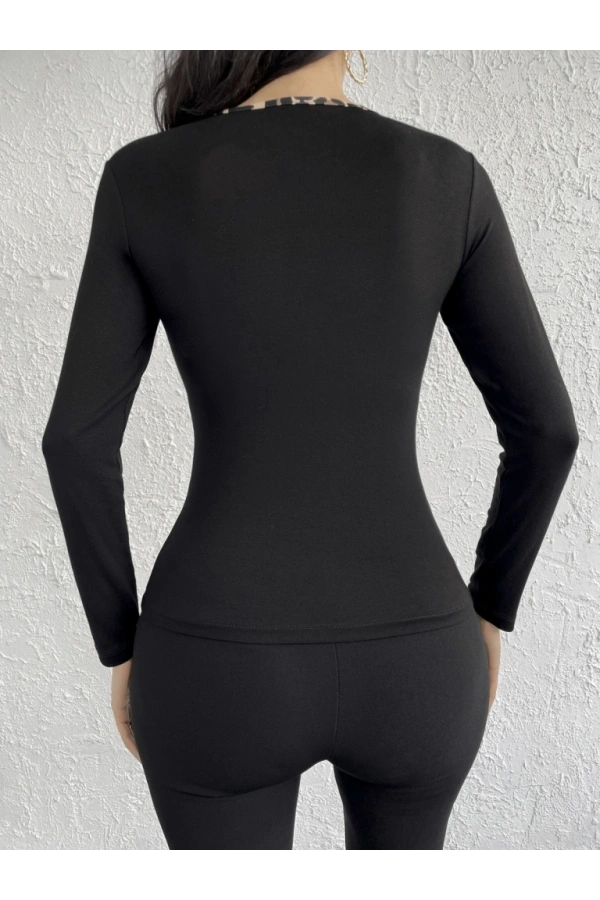 Bidebuvar Kadın Uzun Kollu Leopar şeritli Viskon Bluz