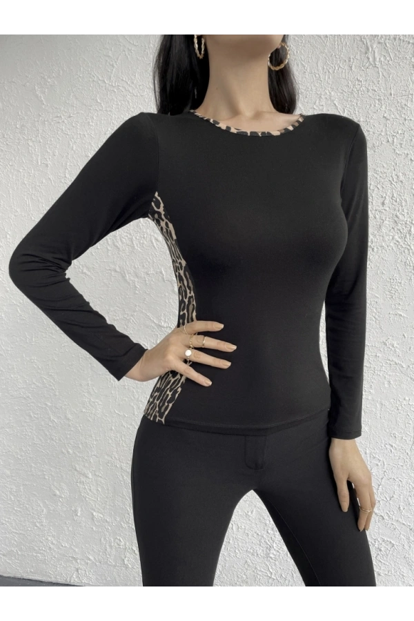 Bidebuvar Kadın Uzun Kollu Leopar şeritli Viskon Bluz