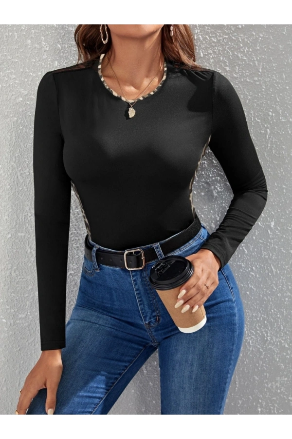 Bidebuvar Kadın Uzun Kollu Leopar şeritli Viskon Bluz