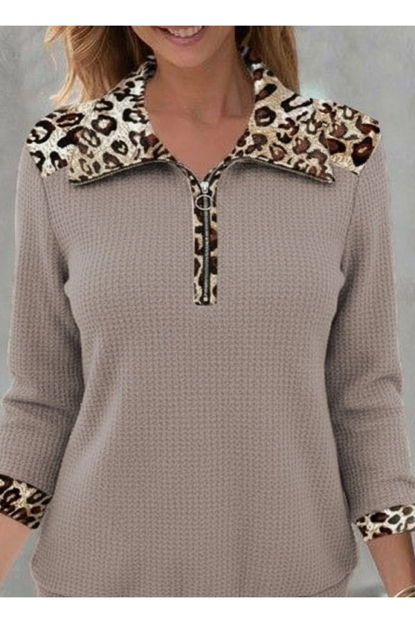Bidebuvar Kadın Uzun Kollu Leopar Yakalı Fermuarlı Waffle Bluz