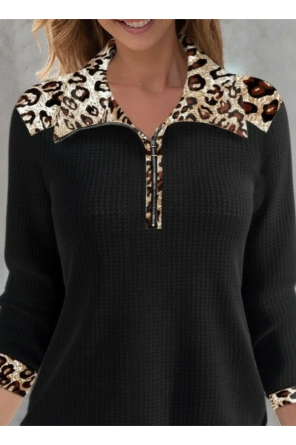 Bidebuvar Kadın Uzun Kollu Leopar Yakalı Fermuarlı Waffle Bluz