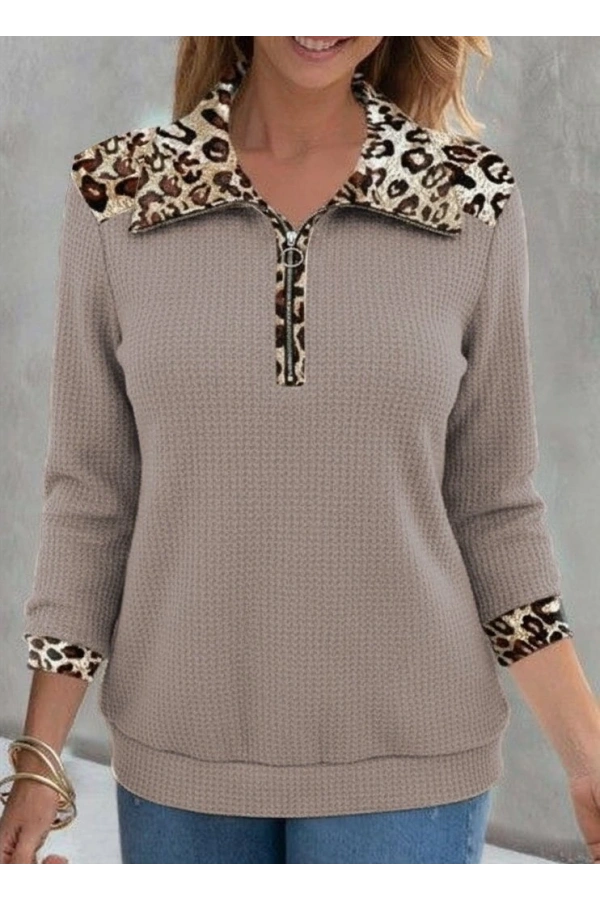 Bidebuvar Kadın Uzun Kollu Leopar Yakalı Fermuarlı Waffle Bluz