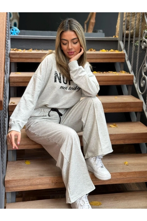 Bidebuvar Kadın Uzun Kollu Nope Baskılı Beli Ribanalı Ikili Takım