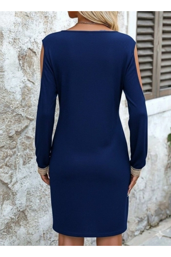 Bidebuvar Kadın Uzun Kollu Omuzdan Açık V Dantel Yakalı Mini Waffle Elbise