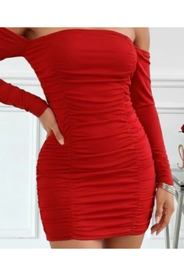 Bidebuvar Kadın Uzun Kollu Omuzlardan Açık Takma Kollu Büzgülü Sandy Kısa Elbise