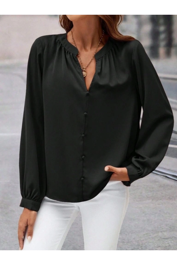 Bidebuvar Kadın Uzun Kollu önden Düğmeli Hakim Yaka Ithal Krep Bluz